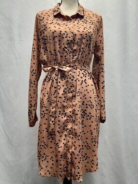Kori America Womens Button Front Long Sleeve Shirt Dress Tan With Black Heart Pr